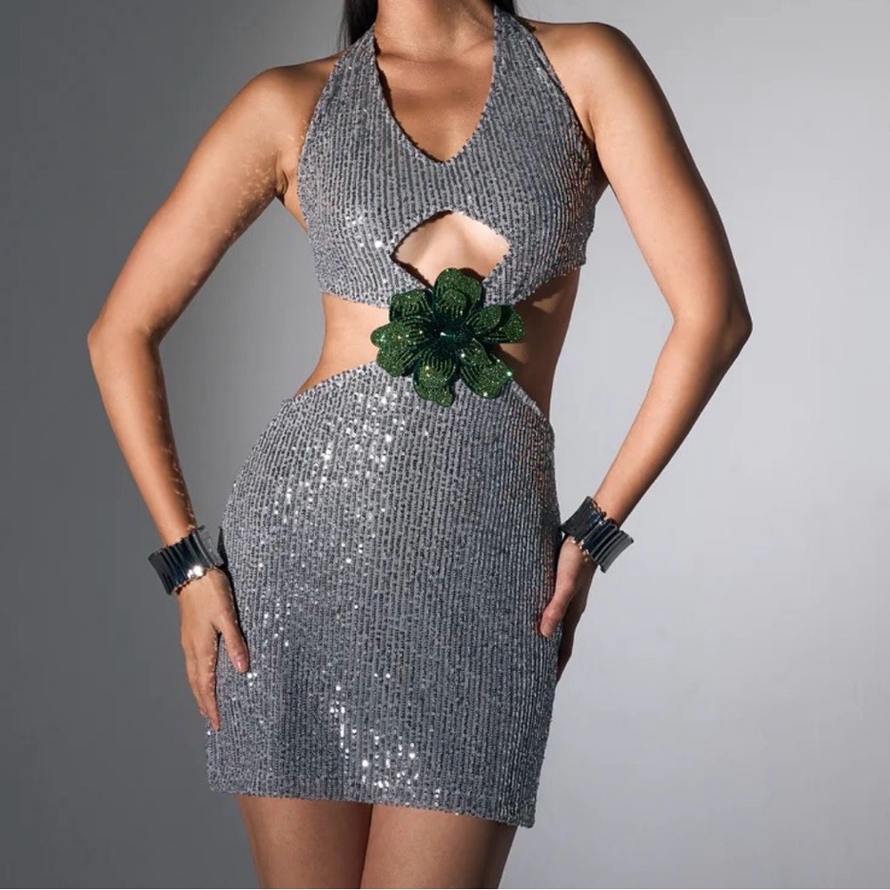 Glamorous Silver Sequin Mini Dress with Green Floral Detail shiny glitter prom